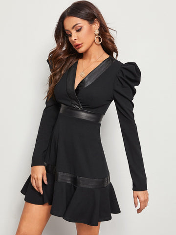 Gigot Sleeve Ruffle Hem Faux Leather Trim Dress