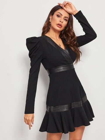 Gigot Sleeve Ruffle Hem Faux Leather Trim Dress