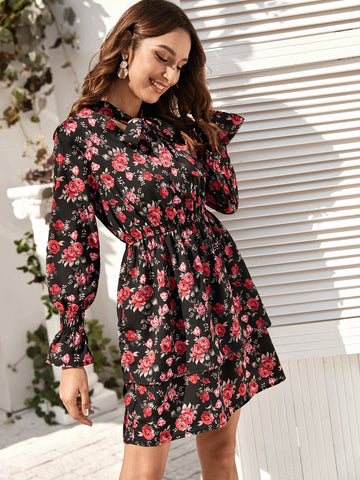 Floral Print Tie Neck Layered Hem Dress