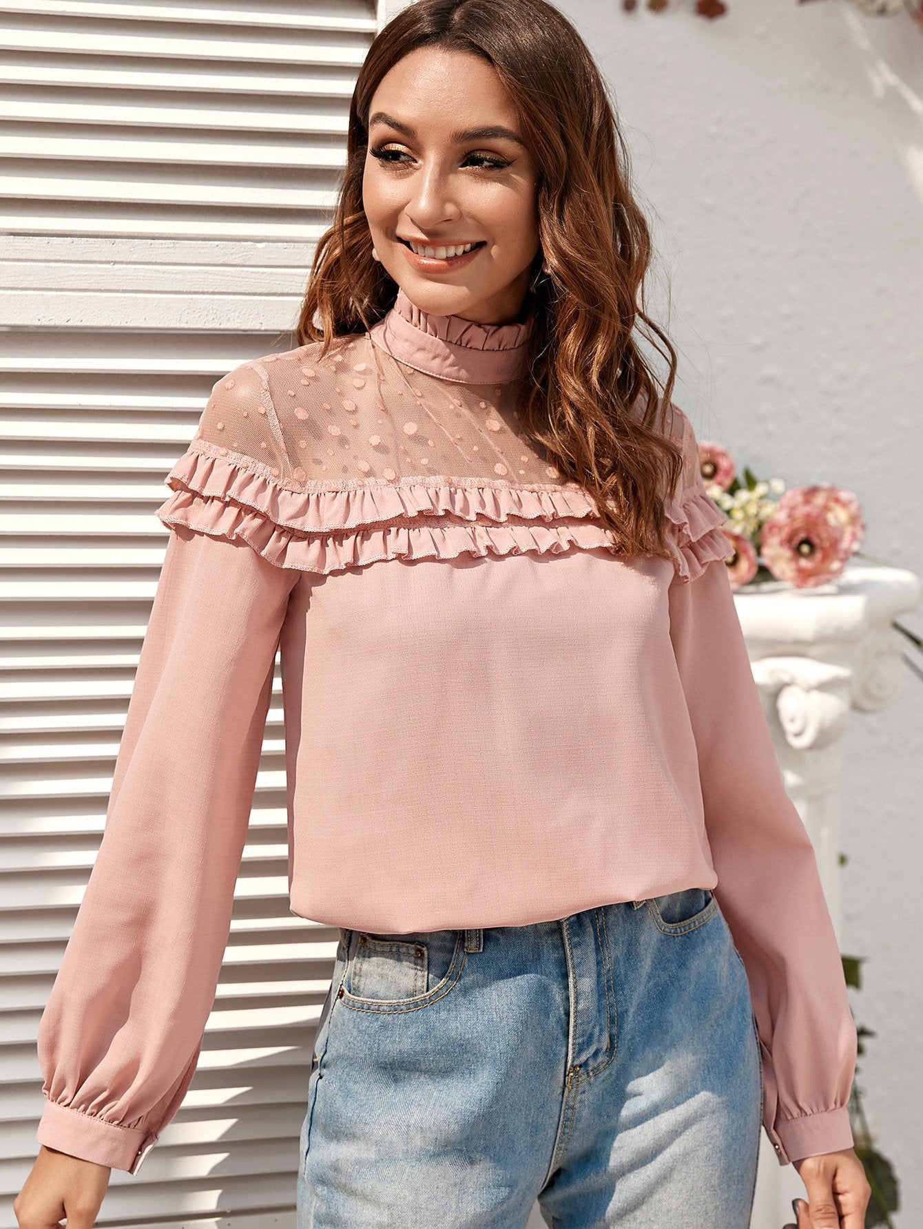Frill Neck Contrast Mesh Blouse