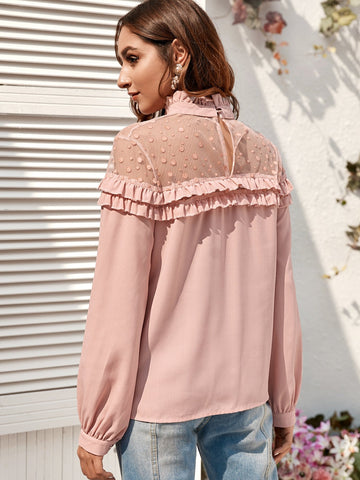 Frill Neck Contrast Mesh Blouse