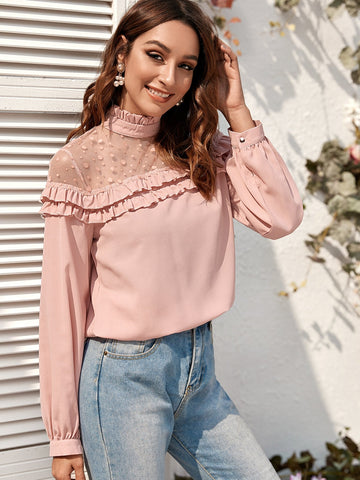 Frill Neck Contrast Mesh Blouse