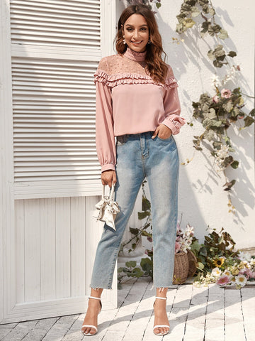 Frill Neck Contrast Mesh Blouse