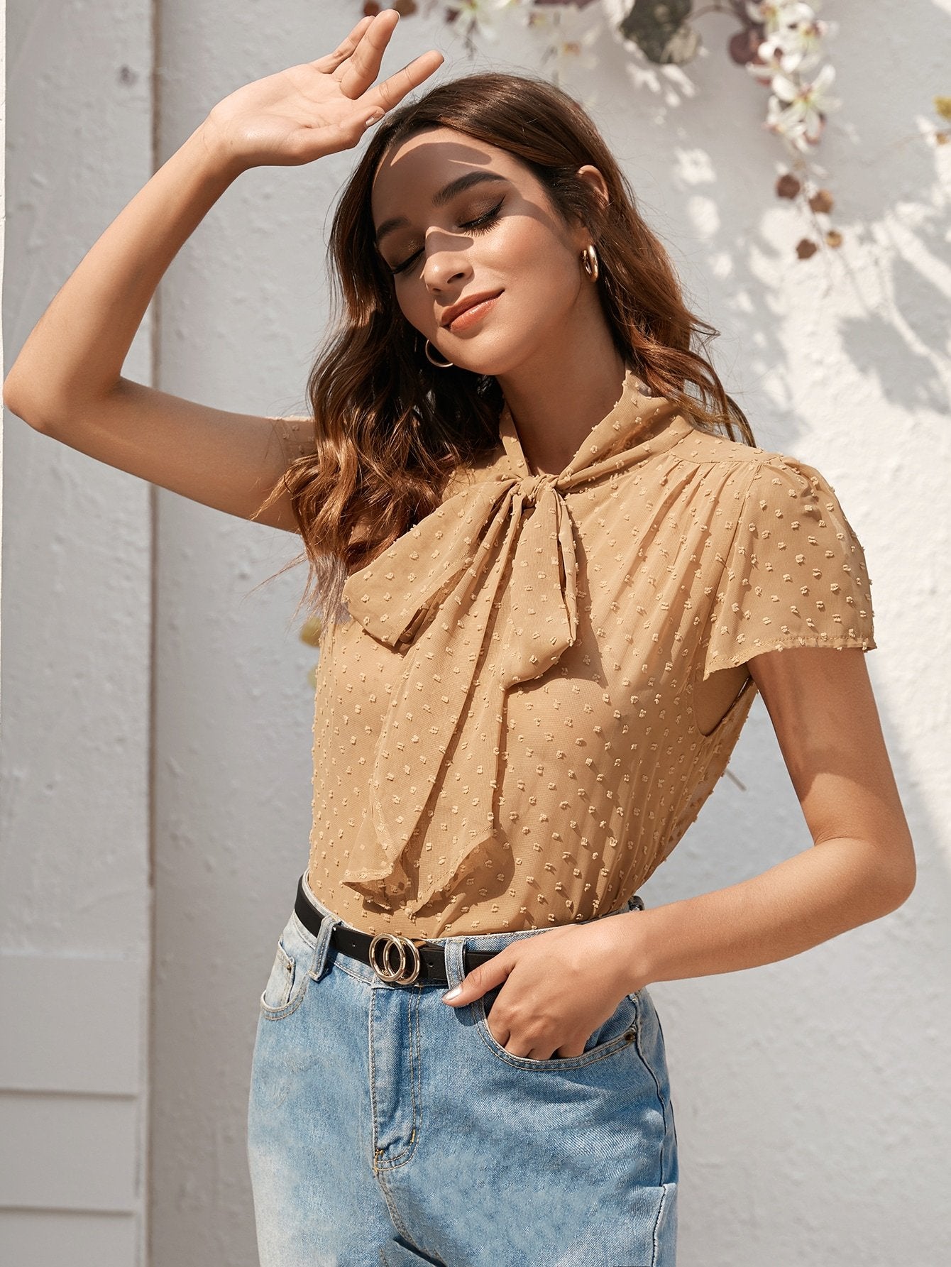 Tie Neck Swiss Dot Blouse
