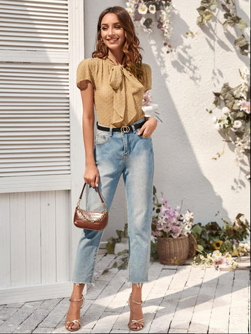 Tie Neck Swiss Dot Blouse
