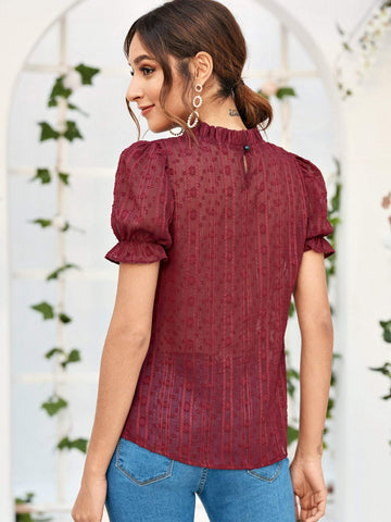 Flounce Sleeve Frill Neck Sheer Blouse