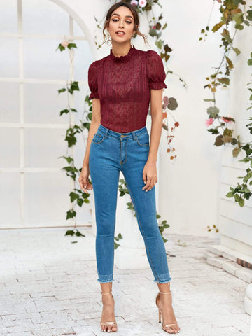 Flounce Sleeve Frill Neck Sheer Blouse