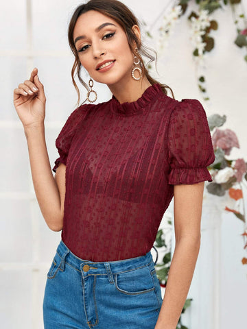 Flounce Sleeve Frill Neck Sheer Blouse