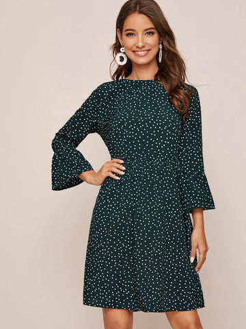 Polka Dot Flounce Sleeve Smock Dress