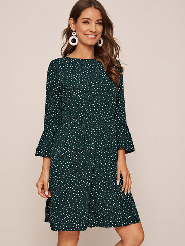 Polka Dot Flounce Sleeve Smock Dress