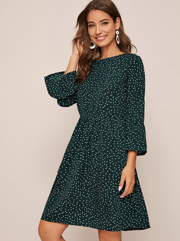 Polka Dot Flounce Sleeve Smock Dress
