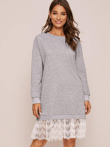 Contrast Lace Hem Sweatshirt Dress