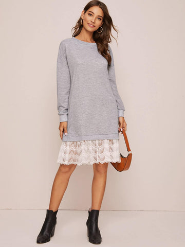 Contrast Lace Hem Sweatshirt Dress