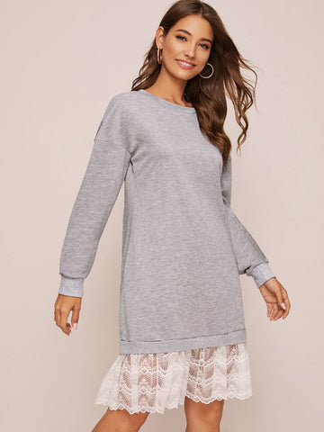 Contrast Lace Hem Sweatshirt Dress