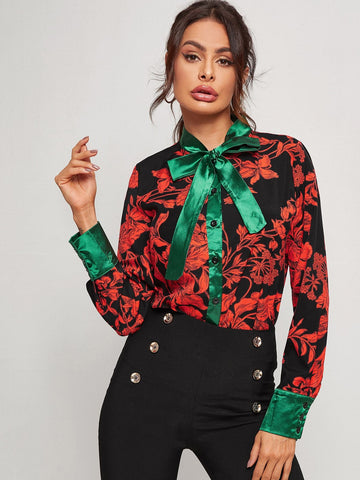 Contrast Tie Neck Floral Blouse