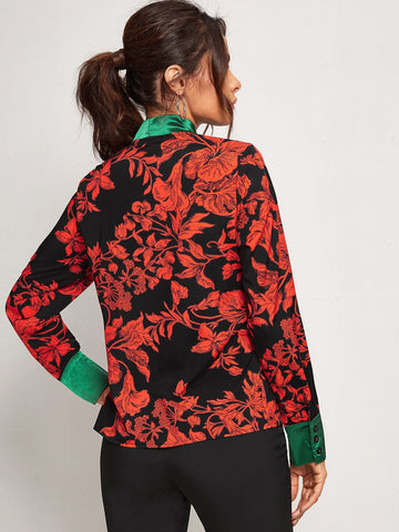 Contrast Tie Neck Floral Blouse