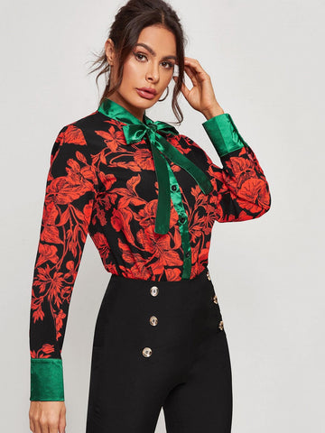 Contrast Tie Neck Floral Blouse
