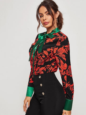 Contrast Tie Neck Floral Blouse
