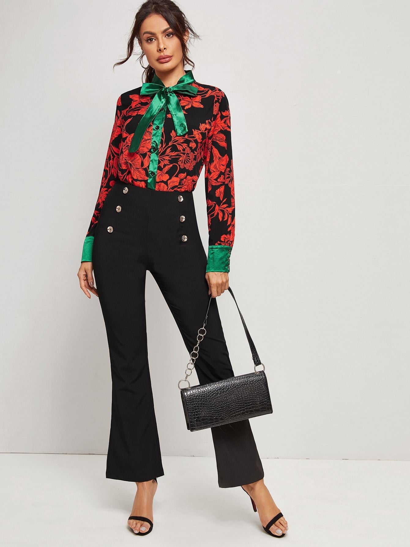 Contrast Tie Neck Floral Blouse