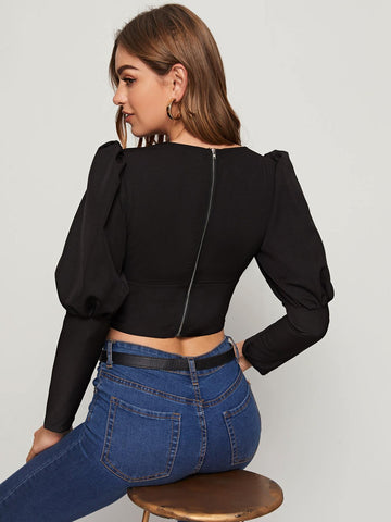 Zip Back Double Button Gigot Sleeve Crop Top