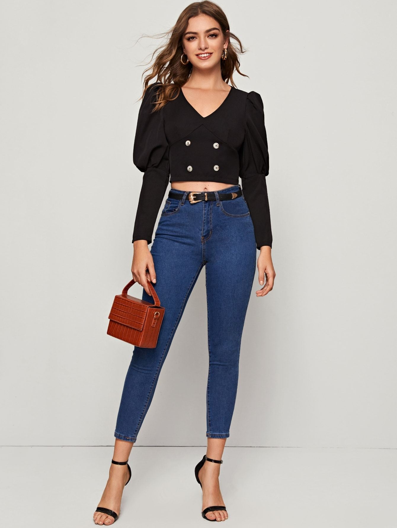 Zip Back Double Button Gigot Sleeve Crop Top