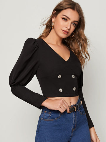 Zip Back Double Button Gigot Sleeve Crop Top