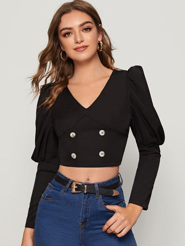 Zip Back Double Button Gigot Sleeve Crop Top