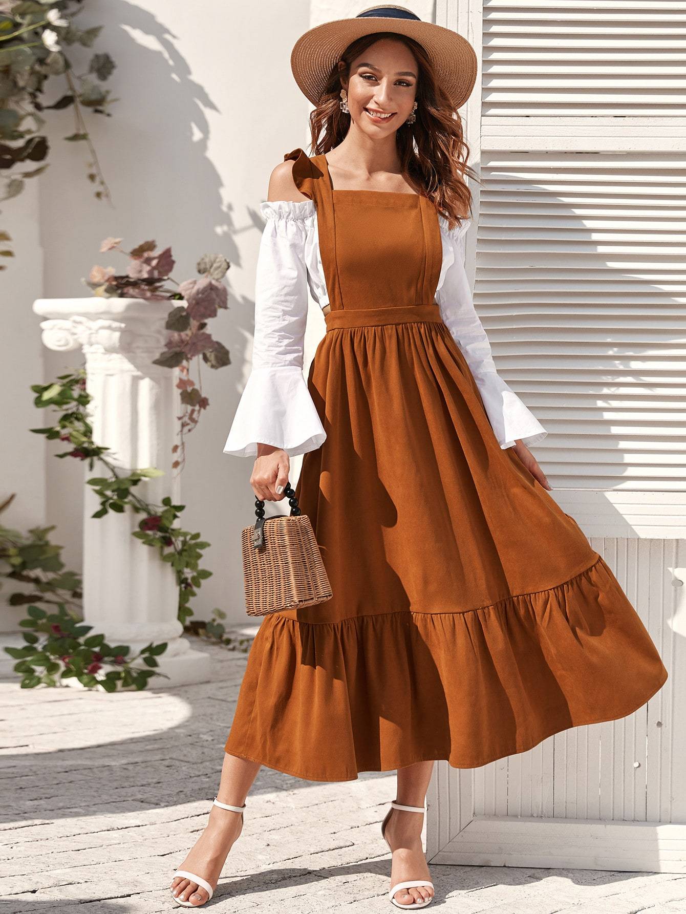 Ruffle Trim High Waist Pinafore Dress