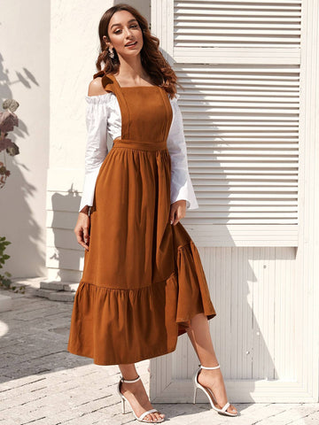 Ruffle Trim High Waist Pinafore Dress