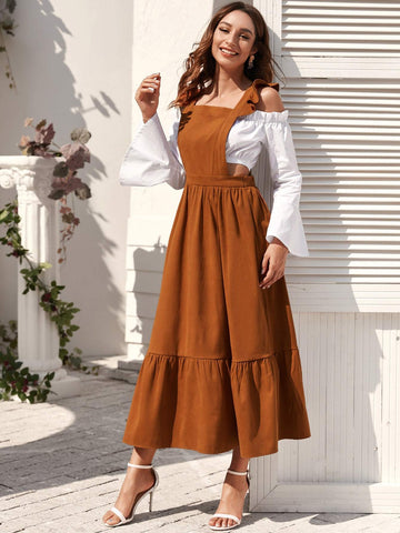 Ruffle Trim High Waist Pinafore Dress