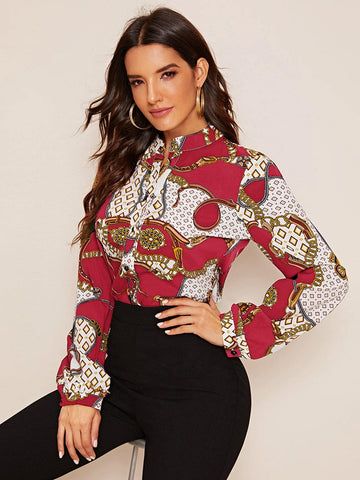 Scarf Print Button Front Blouse