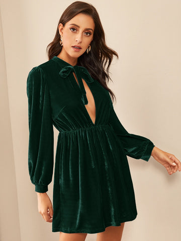 Tie Neck Flared Hem Velvet Dress