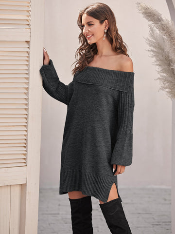 Off Shoulder Bishop Sleeve Split Hem Jumper Dress