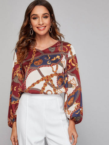 V-Neck Lantern Sleeve Chain Print Blouse