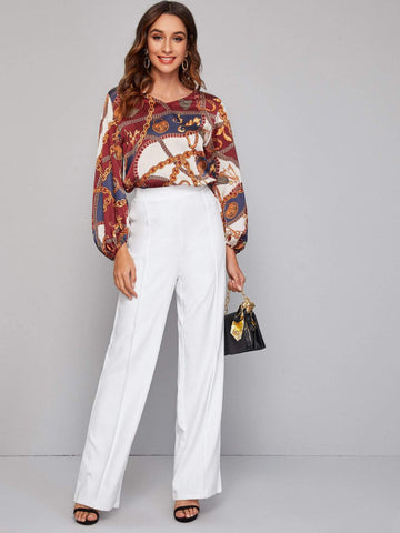 V-Neck Lantern Sleeve Chain Print Blouse