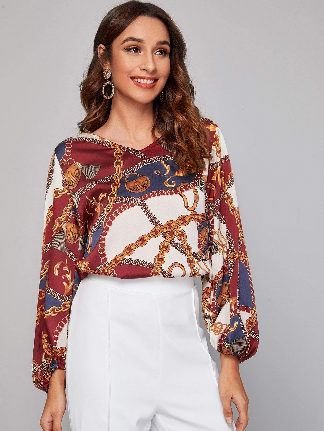 V-Neck Lantern Sleeve Chain Print Blouse