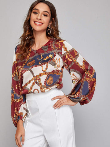 V-Neck Lantern Sleeve Chain Print Blouse
