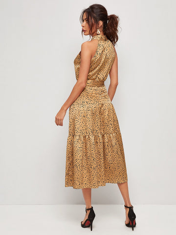 Tiered Hem Belted Dalmatian Print Satin Dress
