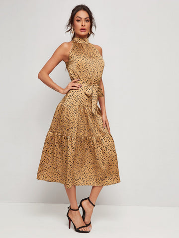 Tiered Hem Belted Dalmatian Print Satin Dress