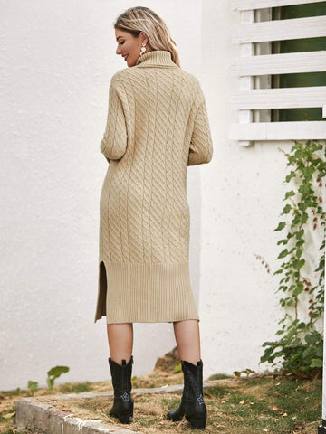 Cable Knit Turtleneck Slit Thigh Jumper Dress