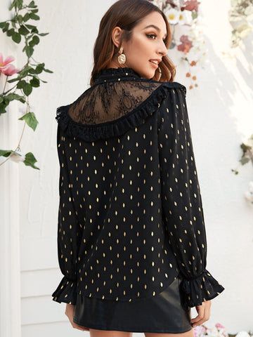 Contrast Lace All Over Print Knot Front Blouse