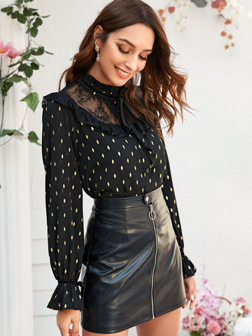 Contrast Lace All Over Print Knot Front Blouse