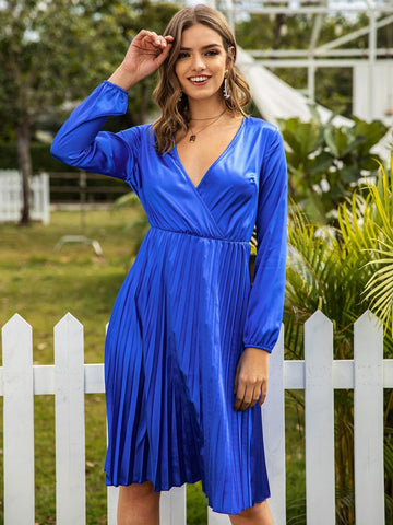 Neon Blue Surplice Front Pleated Hem Satin Dress