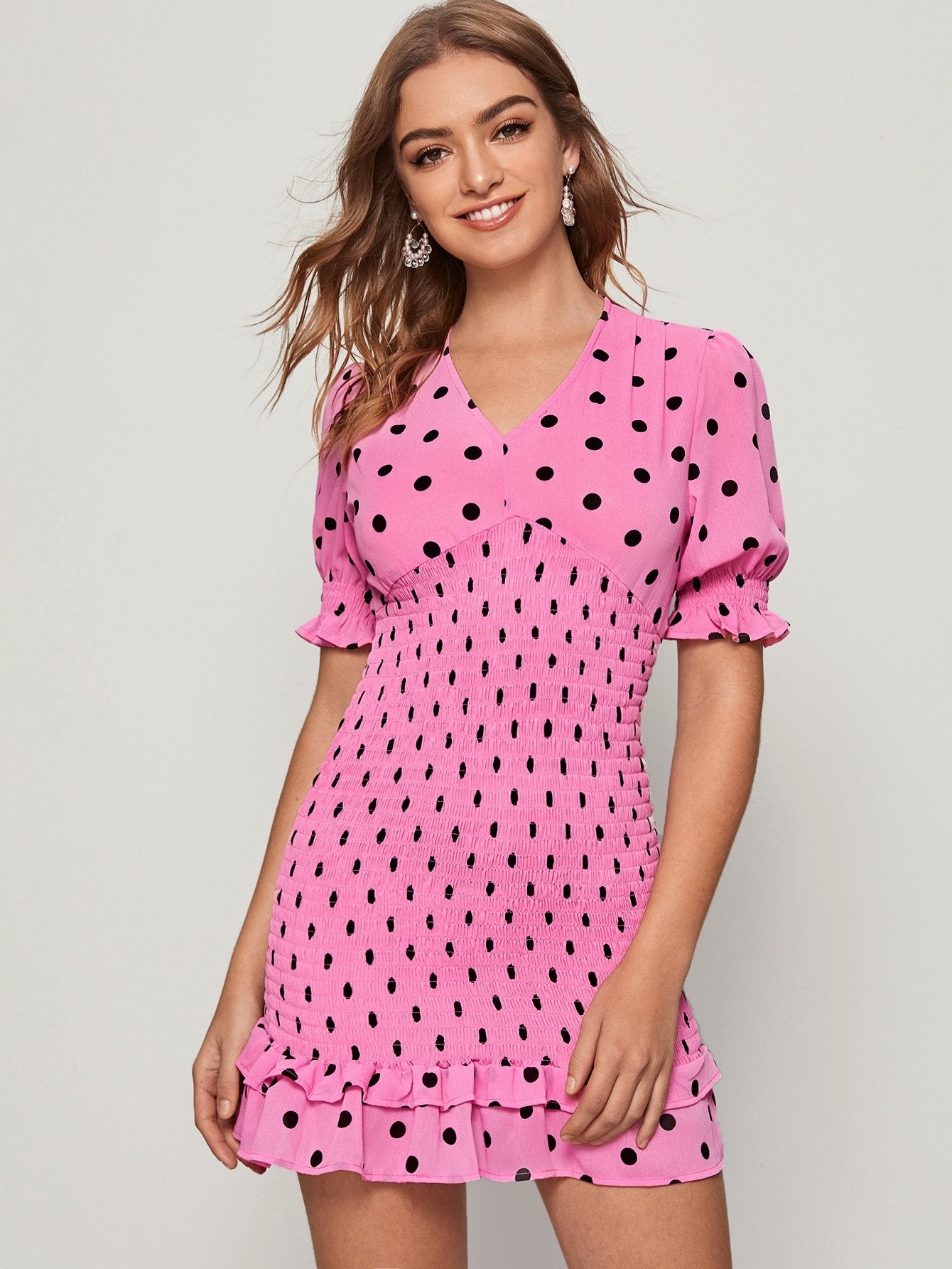 Polka Dot Smocked Flounce Hem Dress