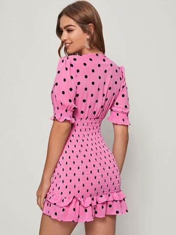 Polka Dot Smocked Flounce Hem Dress