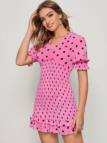 Polka Dot Smocked Flounce Hem Dress