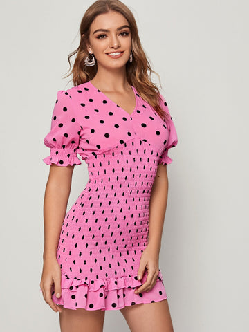 Polka Dot Smocked Flounce Hem Dress