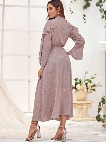 Ruffle Trim Tie Neck Dress