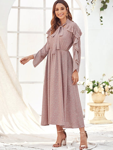 Ruffle Trim Tie Neck Dress