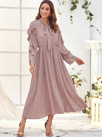Ruffle Trim Tie Neck Dress